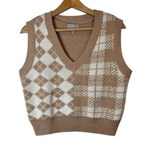 Women's V-Neck Sweater Vest - Brown and White